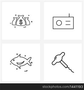 Set of 4 Line Icon Signs and Symbols of dollar, fish, radio, music, opener Vector Illustration