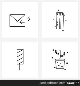Set of 4 Line Icon Signs and Symbols of email action, eat, pants, cloth, flower pot Vector Illustration