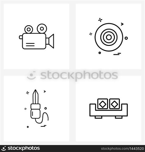 Set of 4 Line Icon Signs and Symbols of film camera, knife, dart, sword, furniture Vector Illustration