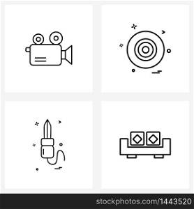 Set of 4 Line Icon Signs and Symbols of film camera, knife, dart, sword, furniture Vector Illustration
