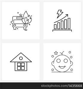 Set of 4 Line Icon Signs and Symbols of fire; home; flame; electricity; boy Vector Illustration