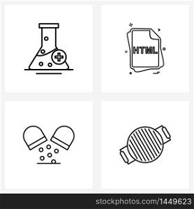 Set of 4 Line Icon Signs and Symbols of flask, drug, medical, file type , pills Vector Illustration