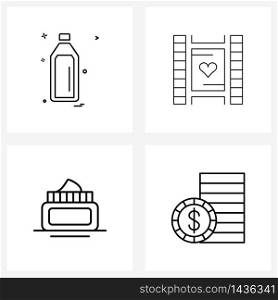Set of 4 Line Icon Signs and Symbols of food, cream, film, movie, coin Vector Illustration