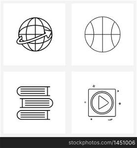 Set of 4 Line Icon Signs and Symbols of globe, knowledge, basket, sports, media Vector Illustration