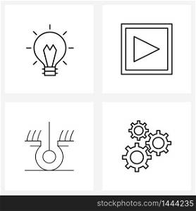 Set of 4 Line Icon Signs and Symbols of idea, engine, play, hair, setting Vector Illustration