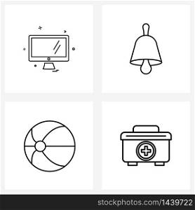 Set of 4 Line Icon Signs and Symbols of monitor, ball, monitor, bell, summer Vector Illustration