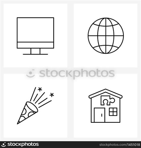 Set of 4 Line Icon Signs and Symbols of monitor, celebrate, globe, celebrations, home jigsaw Vector Illustration