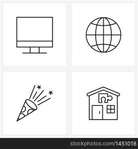Set of 4 Line Icon Signs and Symbols of monitor, celebrate, globe, celebrations, home jigsaw Vector Illustration