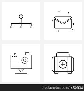 Set of 4 Line Icon Signs and Symbols of network, medical, letter, camera, first aid Vector Illustration