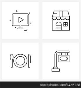 Set of 4 Line Icon Signs and Symbols of technology; dinner; video; store; sign Vector Illustration
