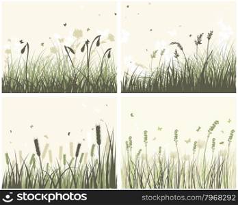 Set of 4 Meadow Backgrounds With Flowers and Butterflies.
