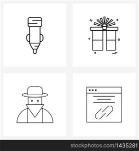 Set of 4 Modern Line Icons of adapter, gift box, cigarette, Christmas , desert Vector Illustration