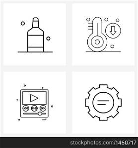 Set of 4 Modern Line Icons of alcohol bottle, player, temperature, weather, text Vector Illustration