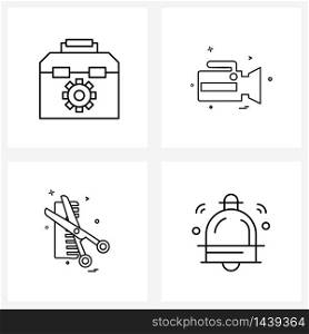 Set of 4 Modern Line Icons of bag, camcorder, gear, camera , comb Vector Illustration