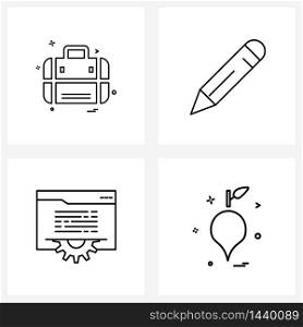 Set of 4 Modern Line Icons of bag, gear, bags, writing, vegetable Vector Illustration