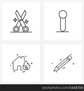 Set of 4 Modern Line Icons of beauty, fire, scissor, pin, home Vector Illustration