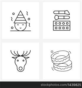Set of 4 Modern Line Icons of birthday, animal, art, paint, Christmas Vector Illustration
