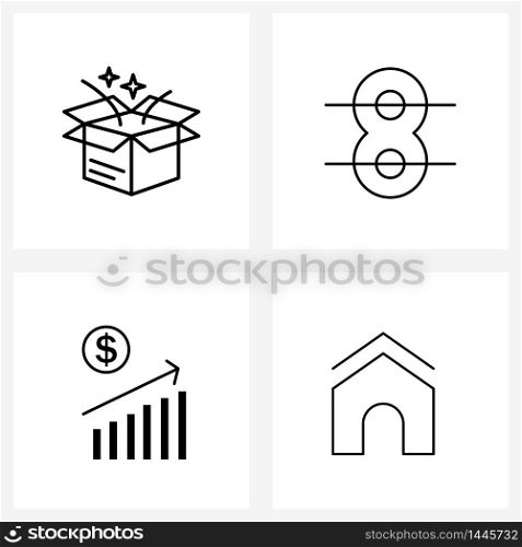 Set of 4 Modern Line Icons of box, income, enjoy, picnic, profit Vector Illustration