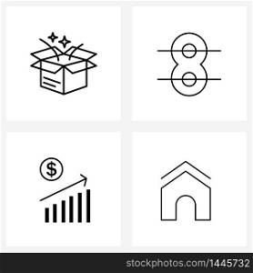 Set of 4 Modern Line Icons of box, income, enjoy, picnic, profit Vector Illustration