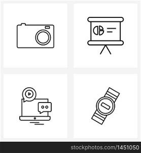 Set of 4 Modern Line Icons of camera, chat, business, chart, watch Vector Illustration