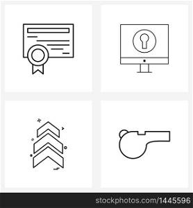 Set of 4 Modern Line Icons of certificate, arrows, license, programming, whistle Vector Illustration