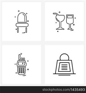 Set of 4 Modern Line Icons of chair; handheld transreciever; drink; army; bag Vector Illustration