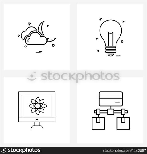 Set of 4 Modern Line Icons of cloud, quantum chip, moon, bulb , card Vector Illustration