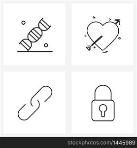 Set of 4 Modern Line Icons of dna, link, love, valentine&rsquo;s day, closed Vector Illustration