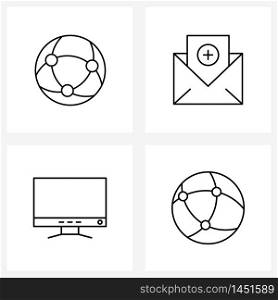 Set of 4 Modern Line Icons of earth, desktop, web, email, normal Vector Illustration