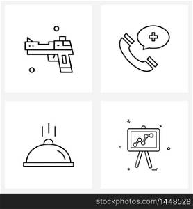 Set of 4 Modern Line Icons of firearm, cooking, weapons, call, graph Vector Illustration