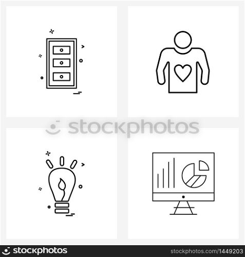 Set of 4 Modern Line Icons of furniture, bulb , drawer, love, data Vector Illustration