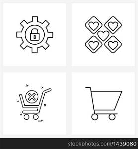 Set of 4 Modern Line Icons of gears, trolley, heart, cart, delivery Vector Illustration