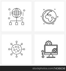 Set of 4 Modern Line Icons of globe; monitor; world map; virus; internet Vector Illustration