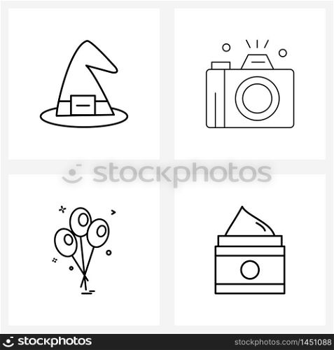 Set of 4 Modern Line Icons of hat, celebration, camera, balloons, beauty Vector Illustration