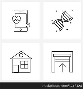 Set of 4 Modern Line Icons of heart beat, building, mobile phone, medical, house Vector Illustration