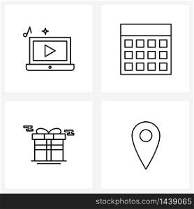 Set of 4 Modern Line Icons of laptop, gift, play, schedule, gifts Vector Illustration