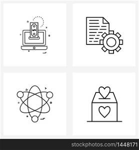 Set of 4 Modern Line Icons of laptop, lab, application, report, nuclear Vector Illustration