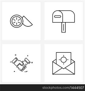 Set of 4 Modern Line Icons of lemon, hands , eat, postal, add Vector Illustration