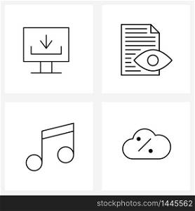 Set of 4 Modern Line Icons of monitor, musical note, document, read, cloudy Vector Illustration