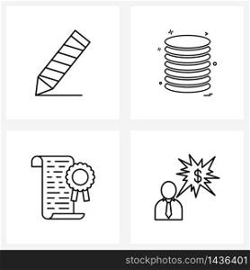 Set of 4 Modern Line Icons of pencil, scroll, coins, dollar, sale prize Vector Illustration