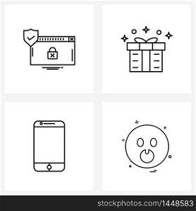 Set of 4 Modern Line Icons of protected website, mobile, gift box, stars, emote Vector Illustration