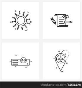 Set of 4 Modern Line Icons of sun, projector, sunny, file, camera Vector Illustration
