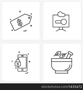 Set of 4 Modern Line Icons of tag; locked; discount; data; smart phone Vector Illustration