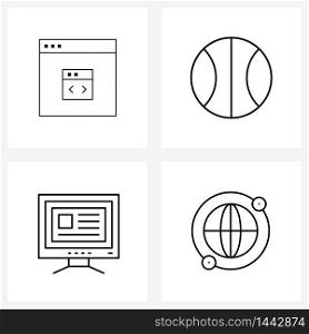 Set of 4 Modern Line Icons of web, education, code, tennis, study Vector Illustration