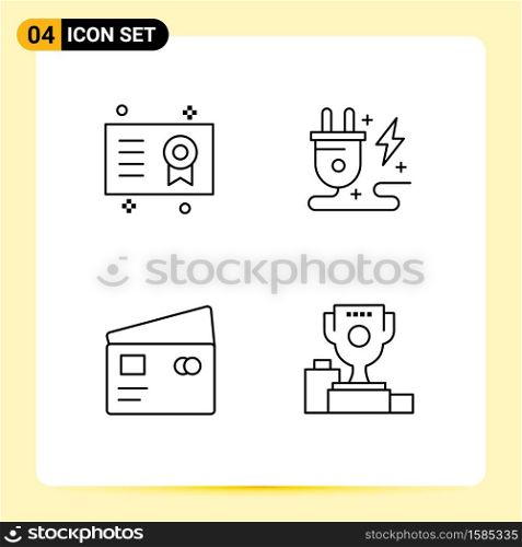 Set of 4 Modern UI Icons Symbols Signs for academic degree, credit, degree, plug, global Editable Vector Design Elements