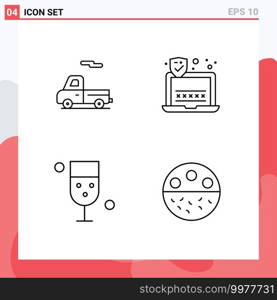 Set of 4 Modern UI Icons Symbols Signs for car, food, password, cup, bone Editable Vector Design Elements