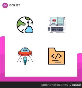 Set of 4 Modern UI Icons Symbols Signs for cloud, video, networking, ebook, space Editable Vector Design Elements