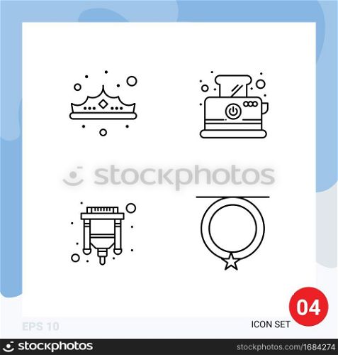 Set of 4 Modern UI Icons Symbols Signs for crown, cable, jewelry, toast, usb Editable Vector Design Elements
