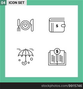 Set of 4 Modern UI Icons Symbols Signs for dinner, payment, date, money, protection Editable Vector Design Elements