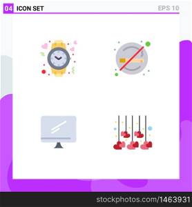 Set of 4 Modern UI Icons Symbols Signs for heart, computer, time, no, device Editable Vector Design Elements